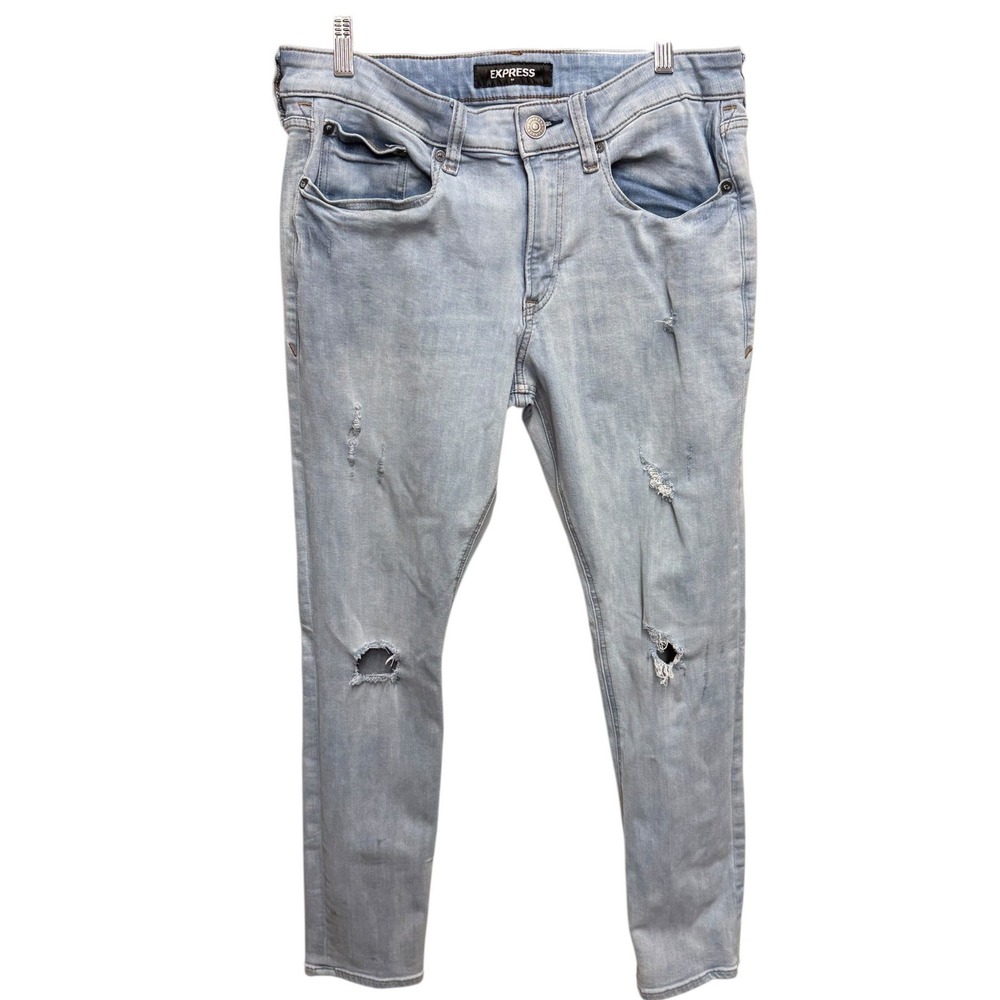 Express Hyper Stretch Skinny Jeans Mens 31/30 Light Wash Good Distressed Ripped